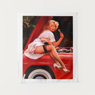 Vintages Retro Car Mechanisches Pinup Girl Wandteppich