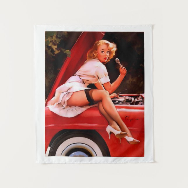 Vintages Retro Car Mechanisches Pinup Girl Wandteppich (Vorderseite)