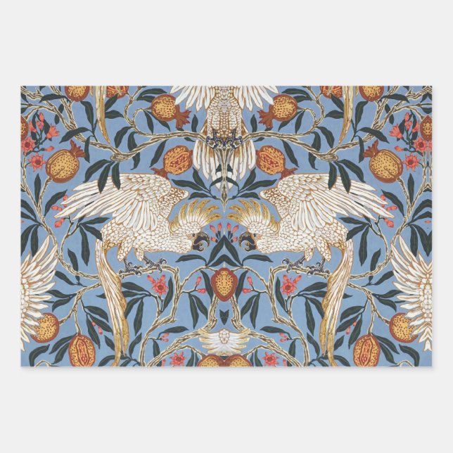 Vintages Retro-Cockatoo und Granatapfelmuster Geschenkpapier Set (Vorderseite)