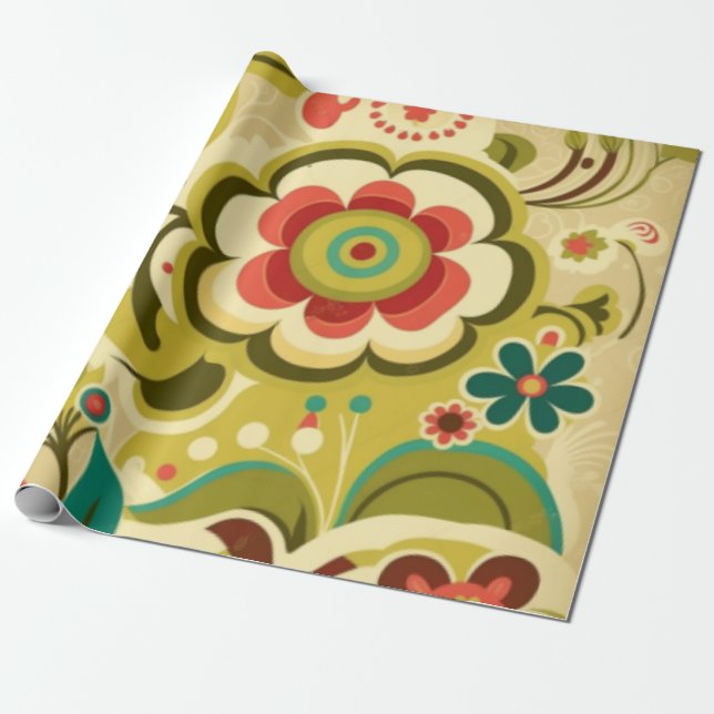 Vintages Retro-Design Blumengrün Geschenkpapier (Ungerollt)