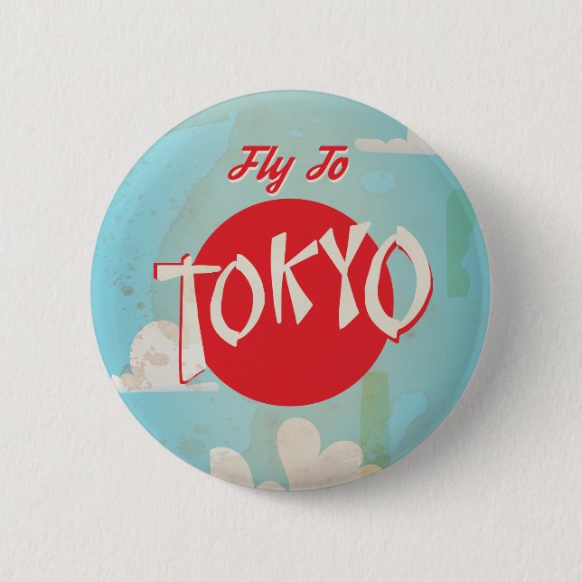 Vintages Retro Fly to Tokyo Reiseplakat Button (Vorderseite)