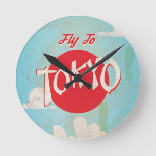 Vintages Retro Fly to Tokyo Reiseplakat Runde Wanduhr