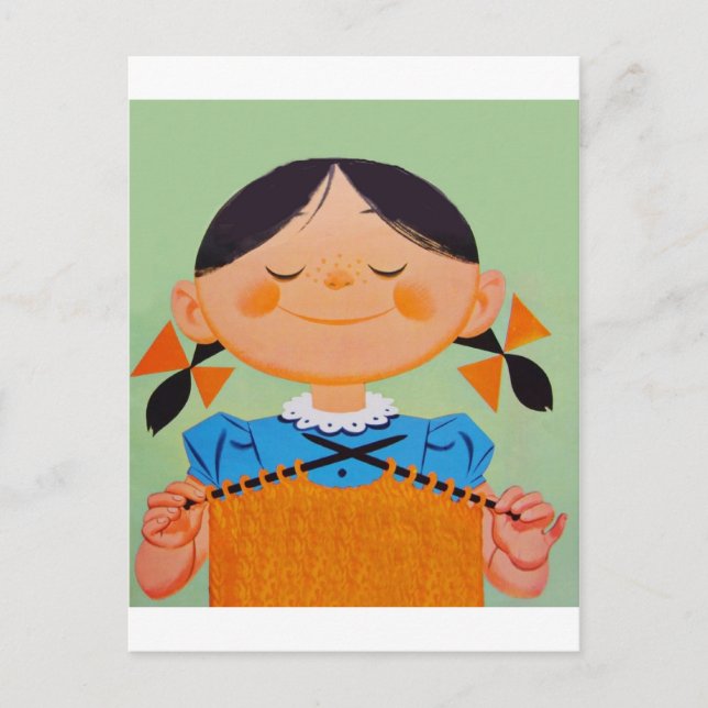 Vintages Retro Girl Knittern Postkarte (Vorderseite)