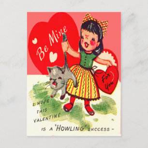 Vintages Retro Girl mit Katze Valentinkarte Feiertagspostkarte