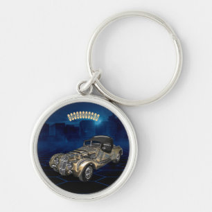 Vintages Retro goldenes blaues funkelndes Auto Schlüsselanhänger