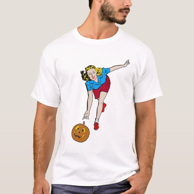 Vintages Retro Halloween-Kürbis-Bowlings-Mädchen T-Shirt (Vorderseite)