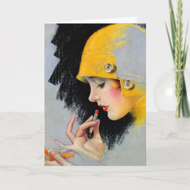 Vintages Retro Lippenstift-Mädchen der Frauen-20s Karte (Vorderseite)