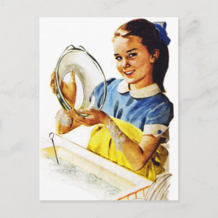Vintages Retro-Mädchen, das die Geschirr macht Postkarte