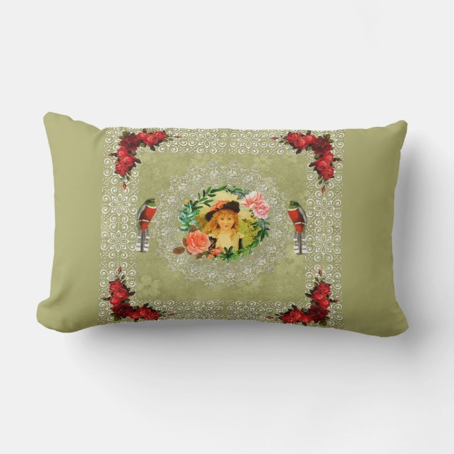 Vintages Retro mit Spitzen und Blume auftragen Lendenkissen (Vorderseite)