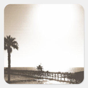 Vintages Retro san clemente pier california sepia Quadratischer Aufkleber