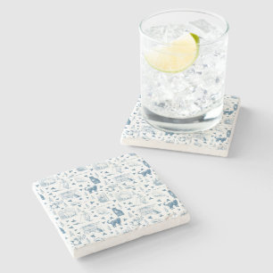 Vintages Retro Toile Muster Katze Katze blau Steinuntersetzer