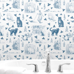 Vintages Retro Toile Muster Katze Katze blau Tapete