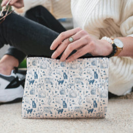 Vintages Retro Toile Muster Katze Katze blau Zubehörtasche