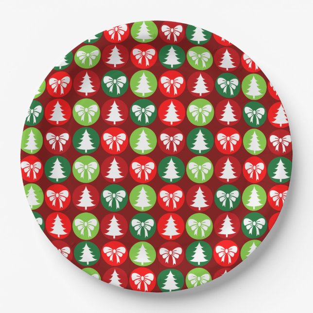 Vintages Retro-Weihnachtsbaum und Bows-Muster Pappteller (Vorderseite)
