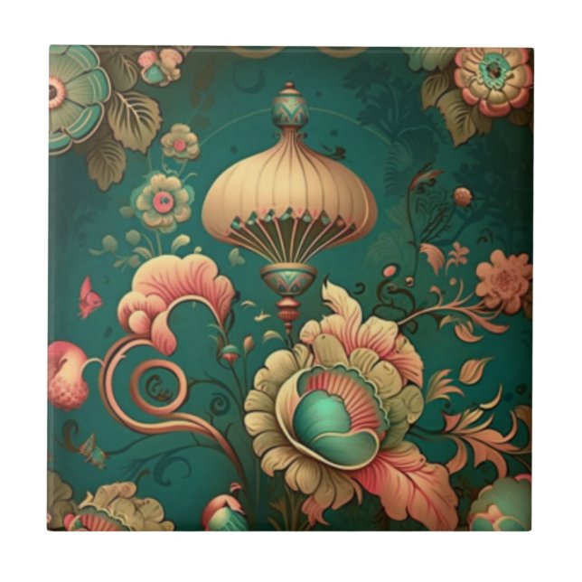 Vintages Retrodesign Blumengrün Keramik Tile Fliese (Vorderseite)