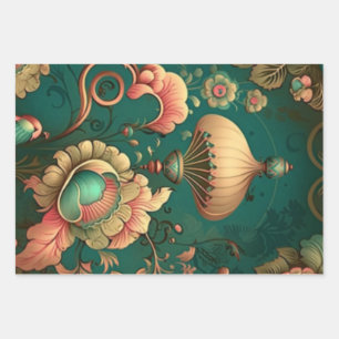 Vintages Retrodesign florgrün Geschenkpapier Set