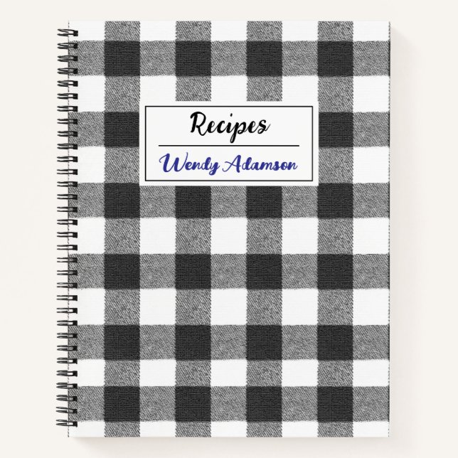 Vintages Rezept Buch. | Schwarz/Weiß Gingham Karie Notizbuch (Vorderseite)