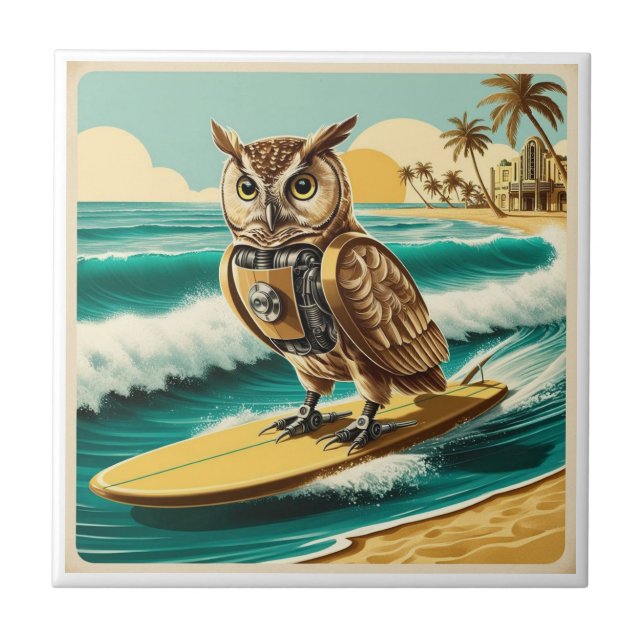Vintages Roboteruhsurfen am Strand Fliese (Vorderseite)