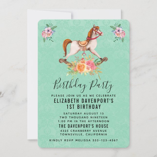 Vintages Rockpferd mit Blumenstrauß Geburtstag Einladung (Vorderseite)