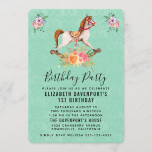 Vintages Rockpferd mit Blumenstrauß Geburtstag Einladung