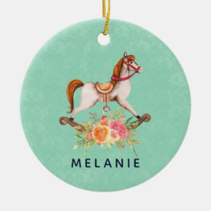 Vintages Rockpferd mit Blumenstrauß New Baby Keramik Ornament