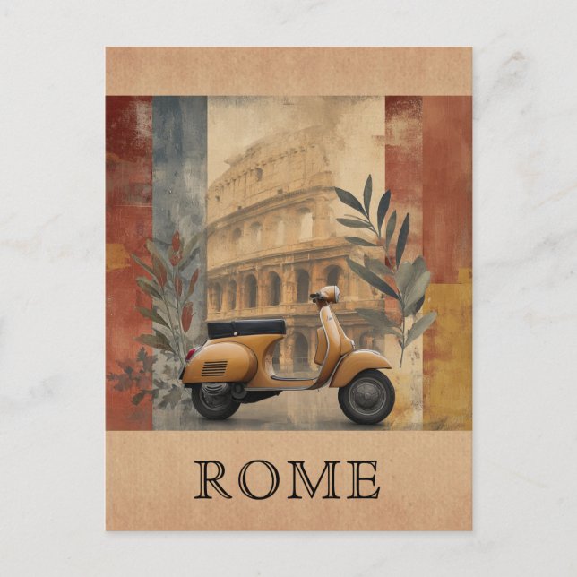 Vintages Rom - Italien Scooter Colosseum Travel Postkarte (Vorderseite)