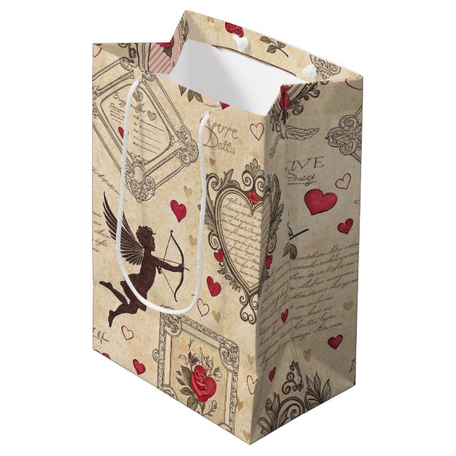 Vintages romantisches Muster Cupids (8) Mittlere Geschenktüte (Vorderseite Schrägansicht)