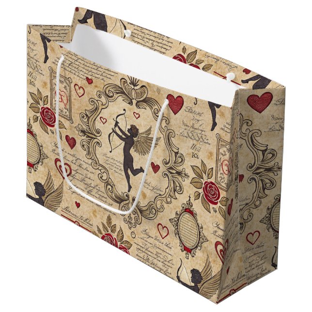 Vintages romantisches Muster Cupids (9) Große Geschenktüte (Vorderseite Schrägansicht)