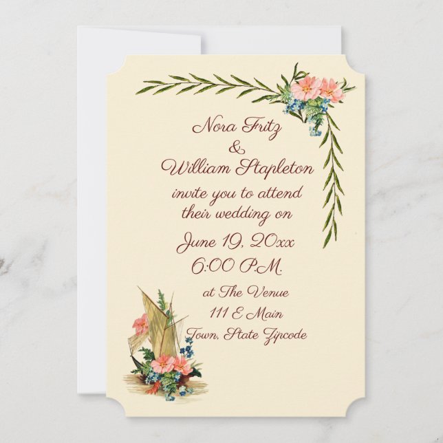 Vintages romantisches Segelboot mit Blume Einladung (Vorderseite)