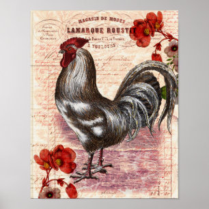 Vintages Rooster Floral Ephemere Poster
