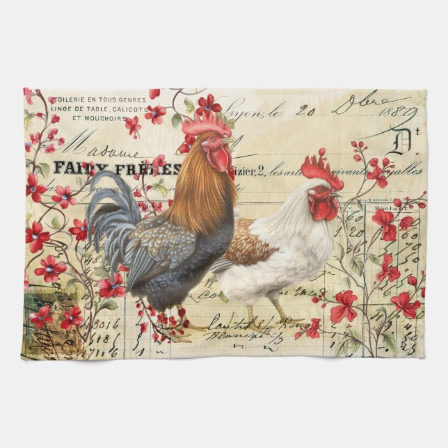 Vintages Rooster und Hen Ephemera Geschirrtuch (Horizontal)