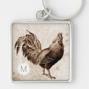 Vintages Rooster Year 2017 Monogram Square Schlüss Schlüsselanhänger