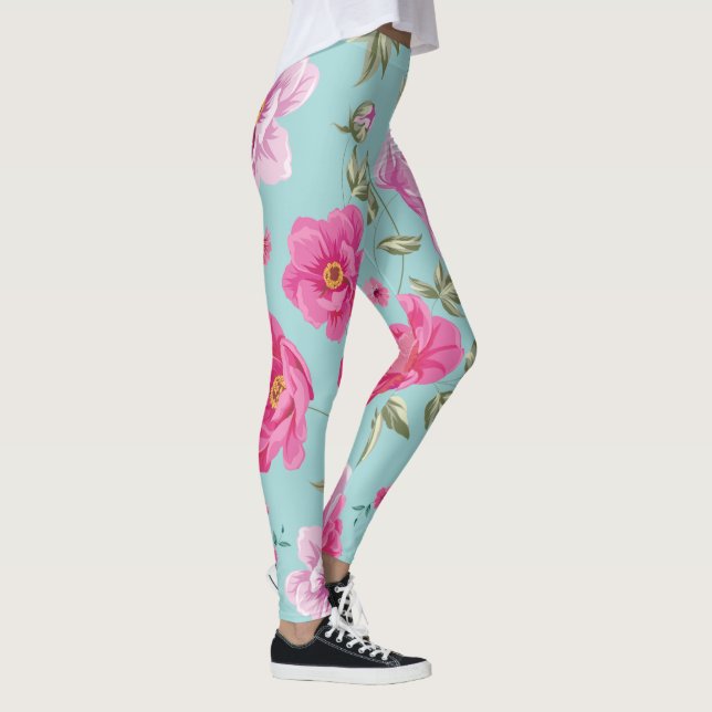 Vintages rosa aquamarines Blumen Leggings (Rechts)