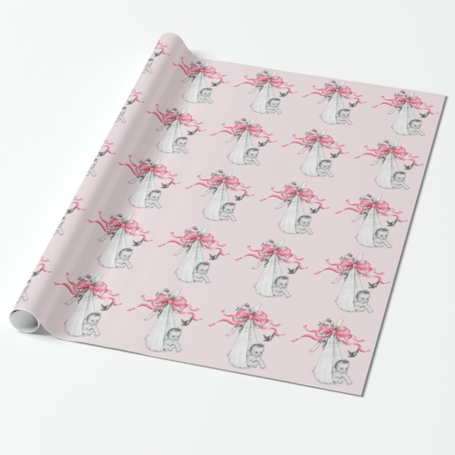 Vintages rosa Babyduschpapier Geschenkpapier (Ungerollt)