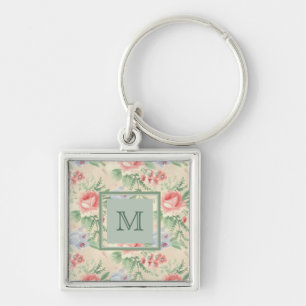 Vintages rosa Blumenmuster Monogramm Schlüsselanhänger