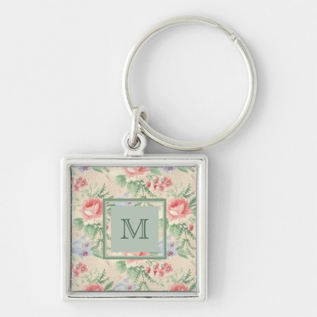 Vintages rosa Blumenmuster Monogramm Schlüsselanhänger (Vorne)