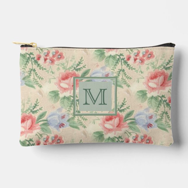 Vintages rosa Blumenmuster Monogramm Zubehörtasche (Vorderseite)