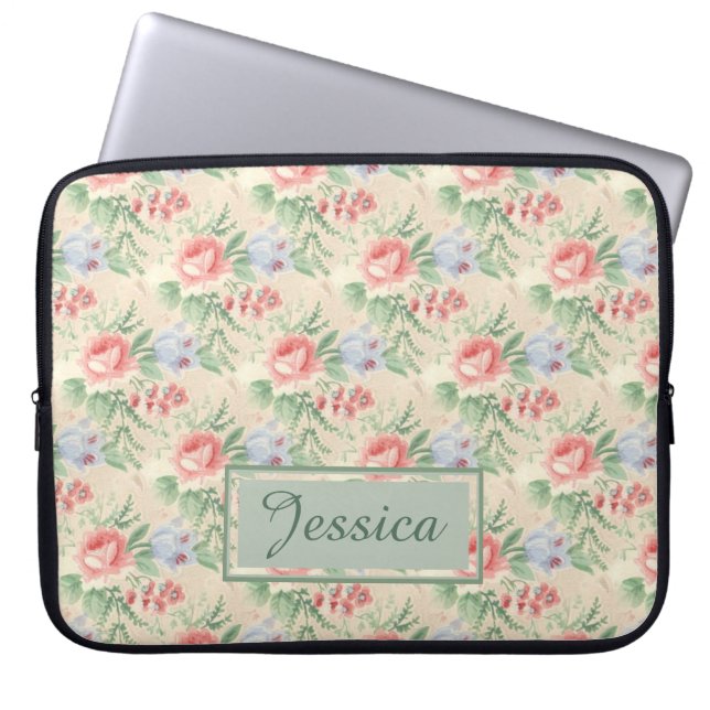 Vintages rosa Blumenmuster Personalisiert Laptopschutzhülle (Vorderseite)