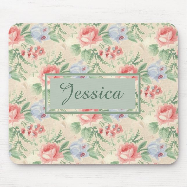 Vintages rosa Blumenmuster Personalisiert Mousepad (Vorne)