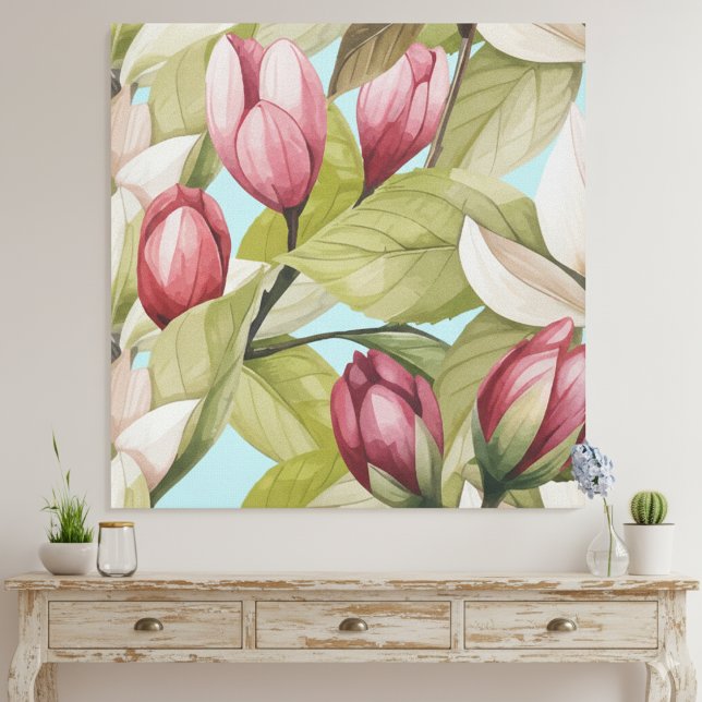 Vintages rosa Blumenmuster und Leaf-Muster Leinwanddruck (Von Creator hochgeladen)