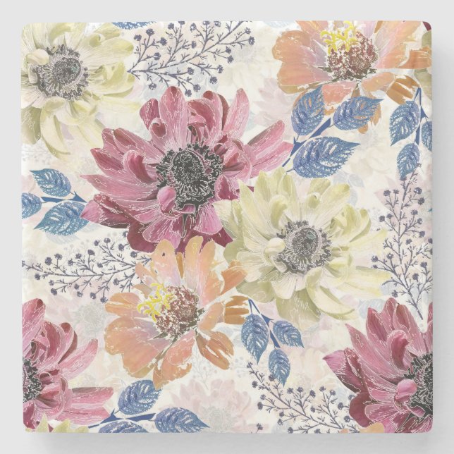 Vintages Rosa-Chrysanthemum Steinuntersetzer (Vorderseite)