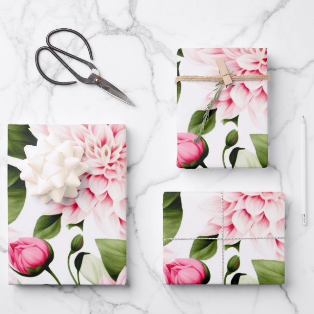 Vintages rosa Dahlias-Blumenmuster Geschenkpapier Set (Vorderseite)