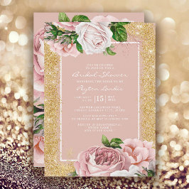 Vintages Rosa-Floral-Gold-Glitzer-Brautparty Einladung