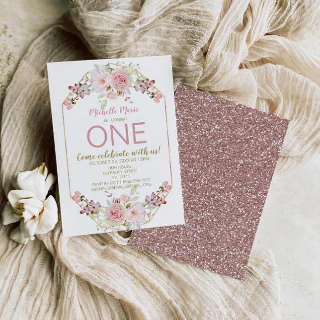 Vintages Rosa Gold Blumenregen Erster Geburtstag Einladung (Von Creator hochgeladen)
