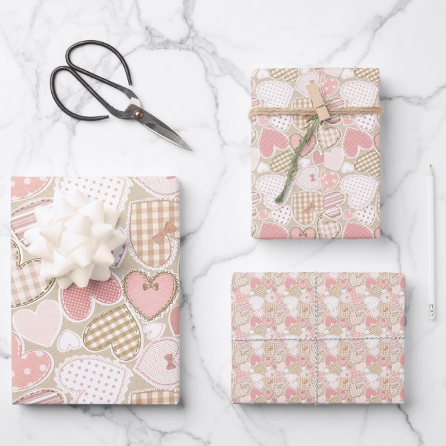 Vintages rosa Patchwork Kunsthandwerk Thema Geschenkpapier Set (Vorderseite)