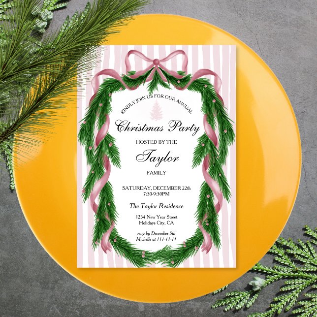 Vintages Rosa Ribbon Kraz Weihnachtsessen Party Einladung (vintage pink ribbon christmas wreath with stripes in the background, christmas dinner invitation)