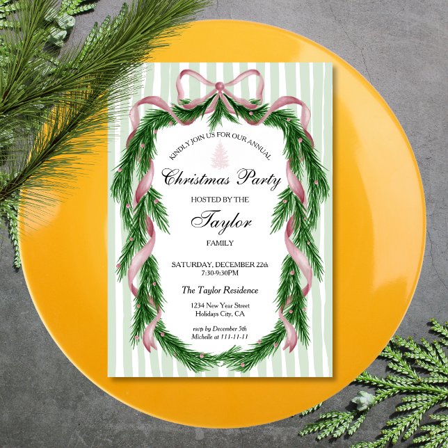 Vintages Rosa Ribbon Kraz Weihnachtsessen Party Einladung (vintage christmas wreath with pink ribbon and bow on the striped background dinner invitation)