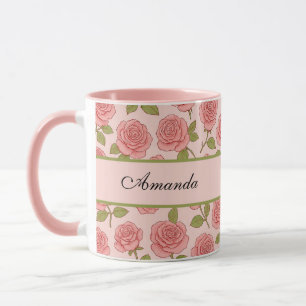 Vintages rosa Rosenmuster mit dem Namen Tasse