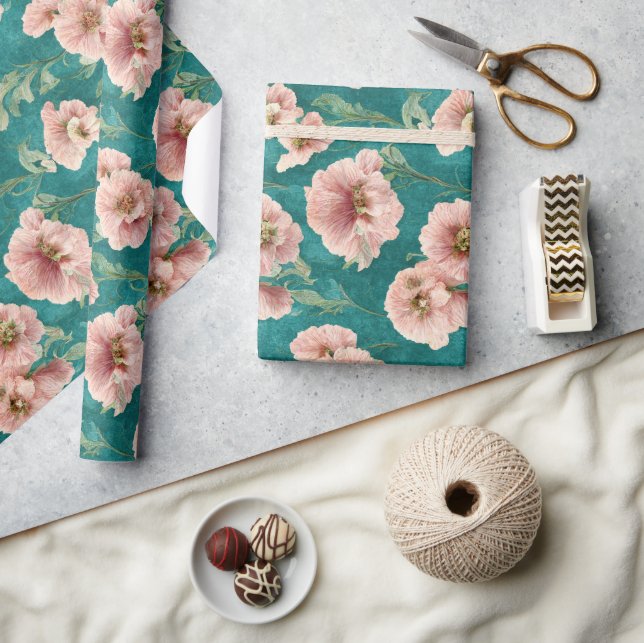 Vintages rosa und Aquamarines Blumenmuster Geschenkpapier (Handwerk)