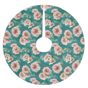 Vintages rosa und Aquamarines Blumenmuster Polyester Weihnachtsbaumdecke